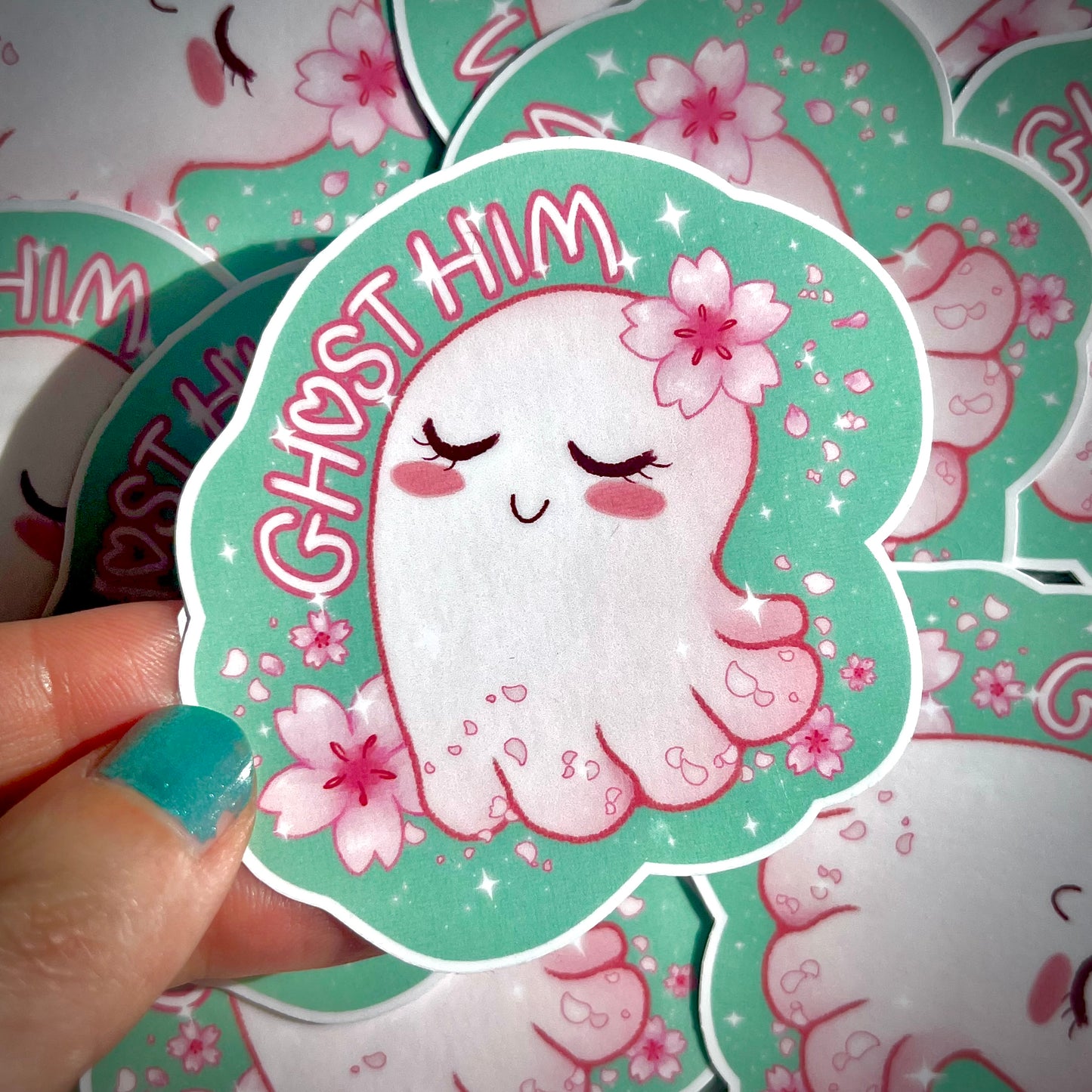 pink cherry blossom themed cute ghost sticker with the words "ghost him" handmade sticker for sale
